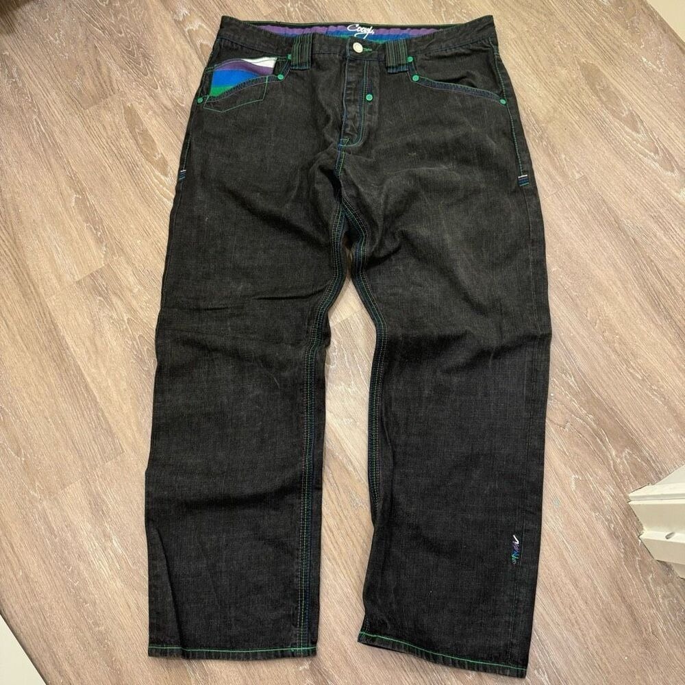 Coogi Mens Black Denim Jeans W42 L35 Embroidered Baggy Hip Hop Y2K Streetwear